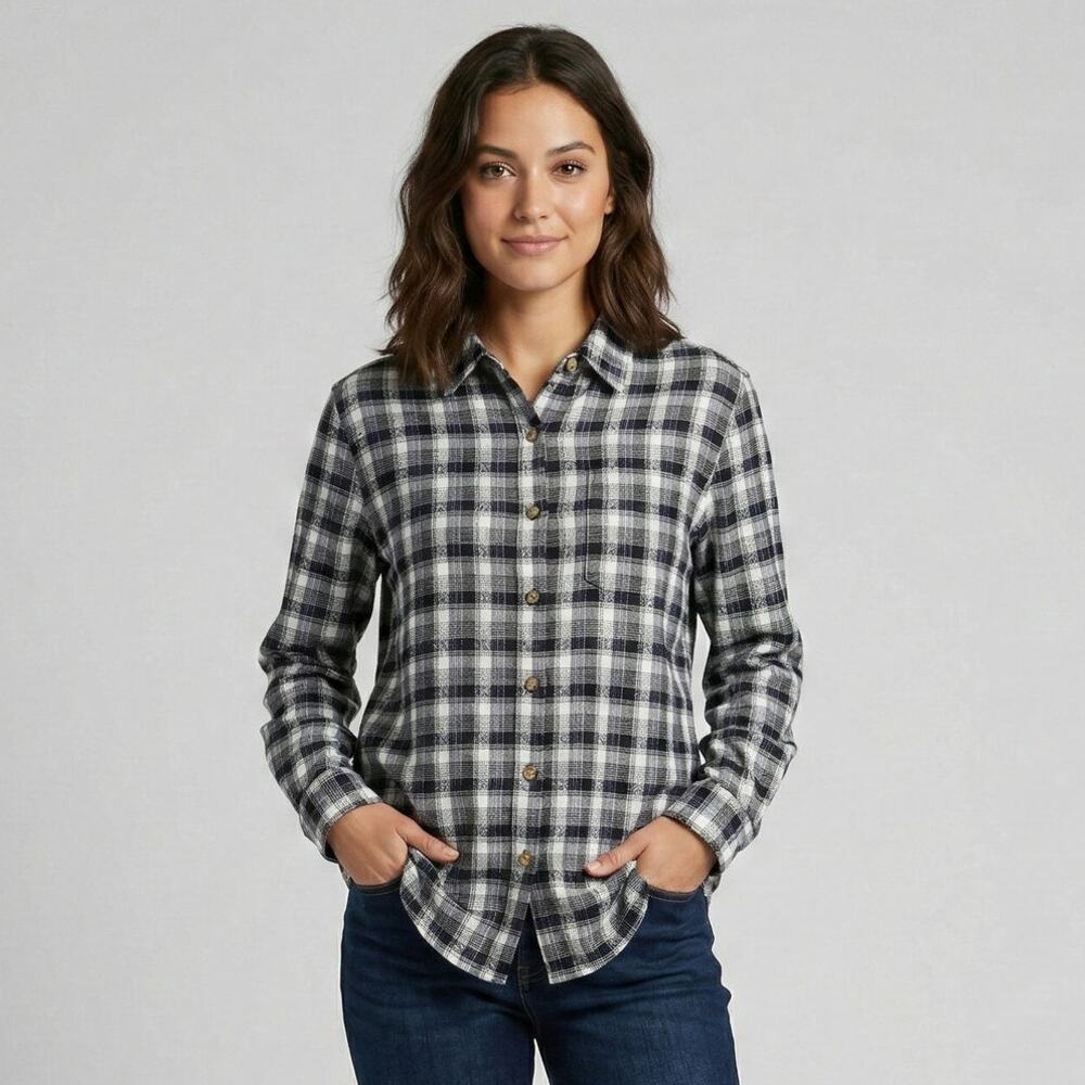 Vintage VJ Woman Cotton Button Up Top Black Plaid Metallic Thread Plus Size 1X